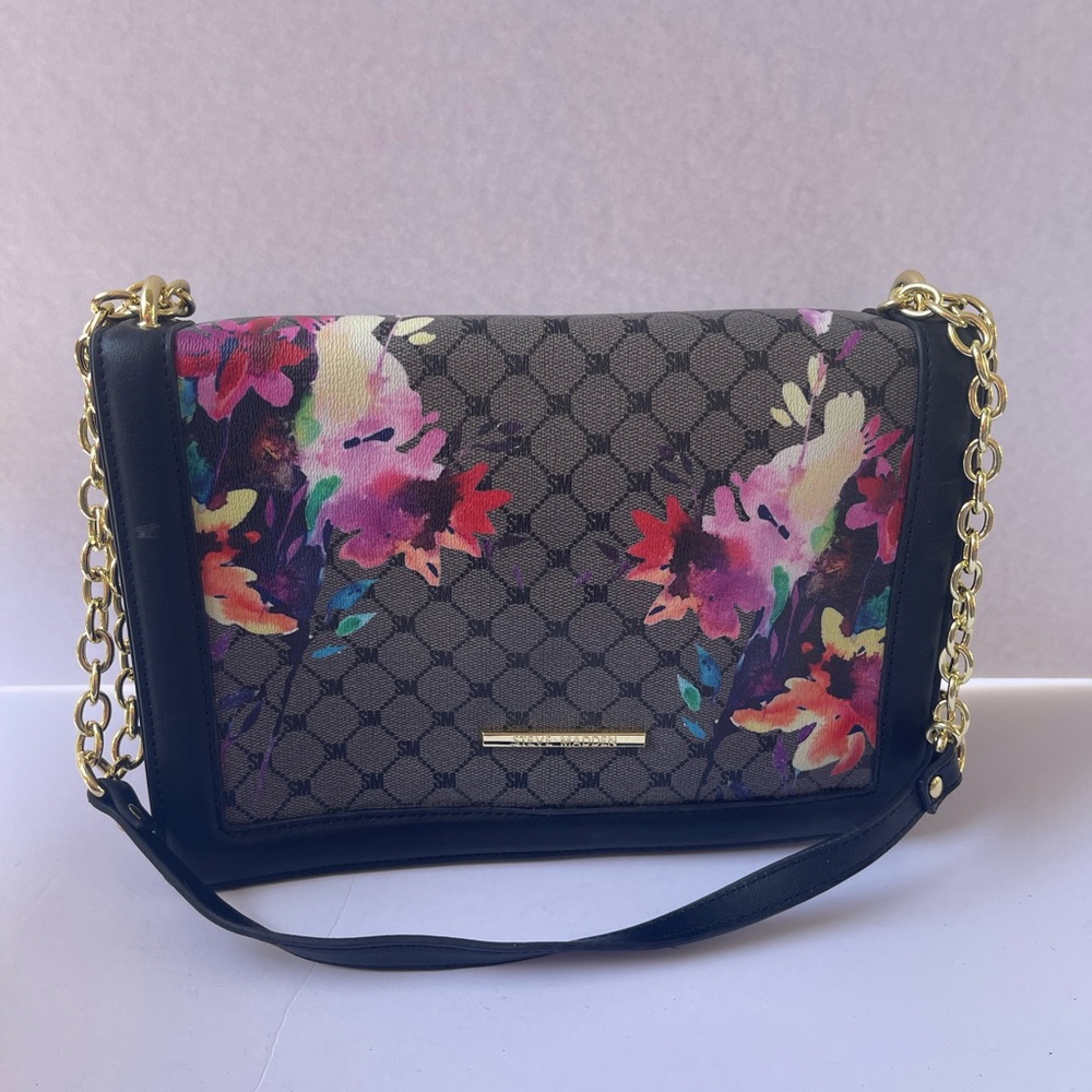 Floral Patterned Women's Bag with Gold Chain